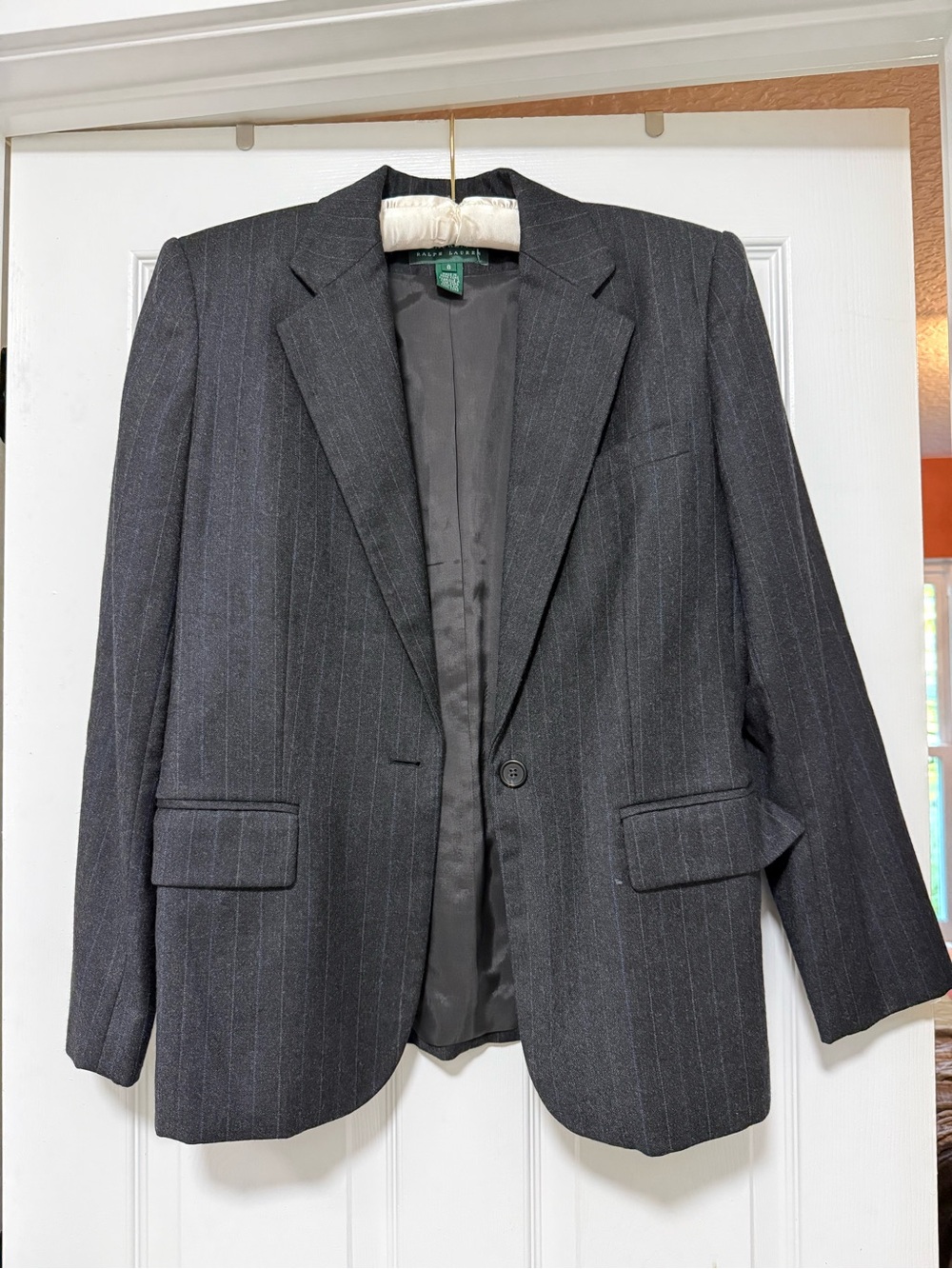 Vintage Lauren Ralph Lauren 100% Wool Pinstripe Blazer - Gray w Blue Size 8